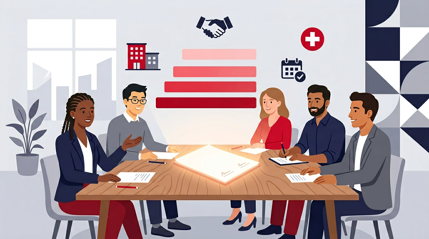 Equipe de pequena empresa reunida discutindo contratação de plano de saúde PME